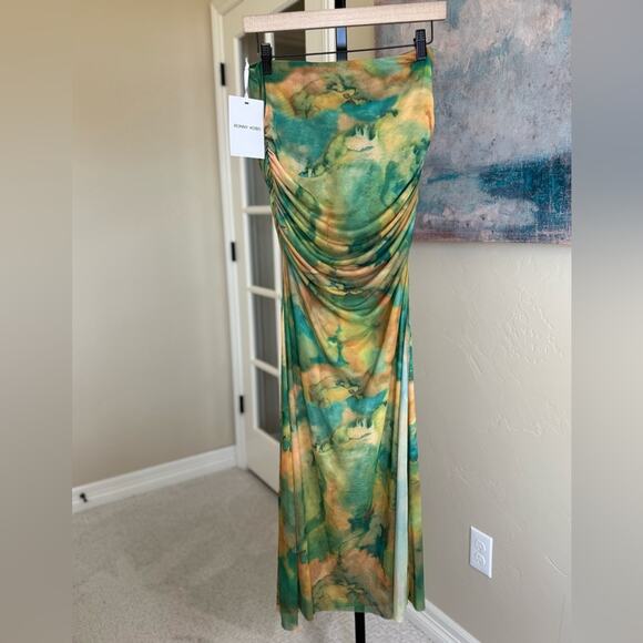 NWT Ronny Kobo Bruno Skirt Acid Tie Dye Size Large Ruched Mesh Maxi Bodycon - Picture 2 of 9